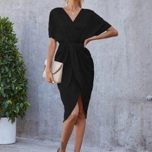 Black Silky Batwing Surplice Faux Wrap Midi Dress